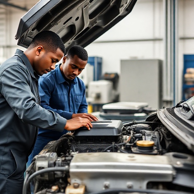 students viewing an engine of a car after opening the hood.